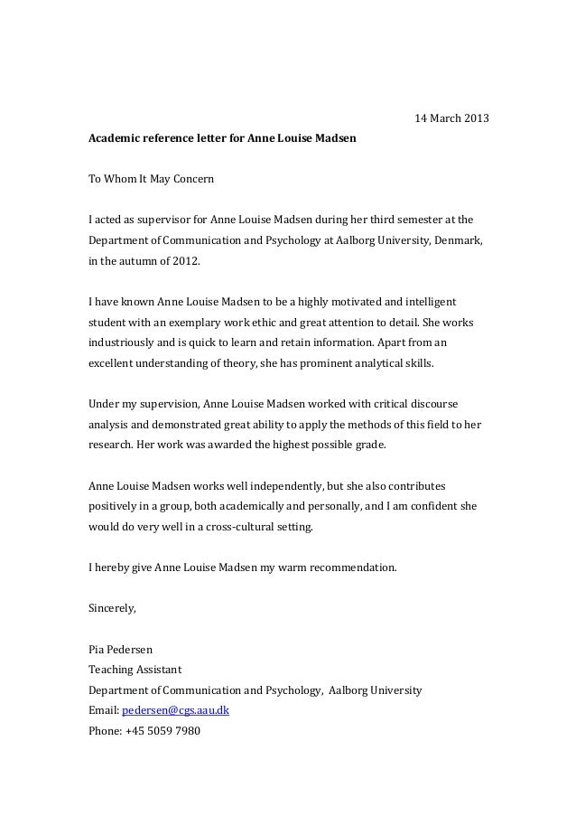 Academic Reference Letter For Anne Louise Madsen I