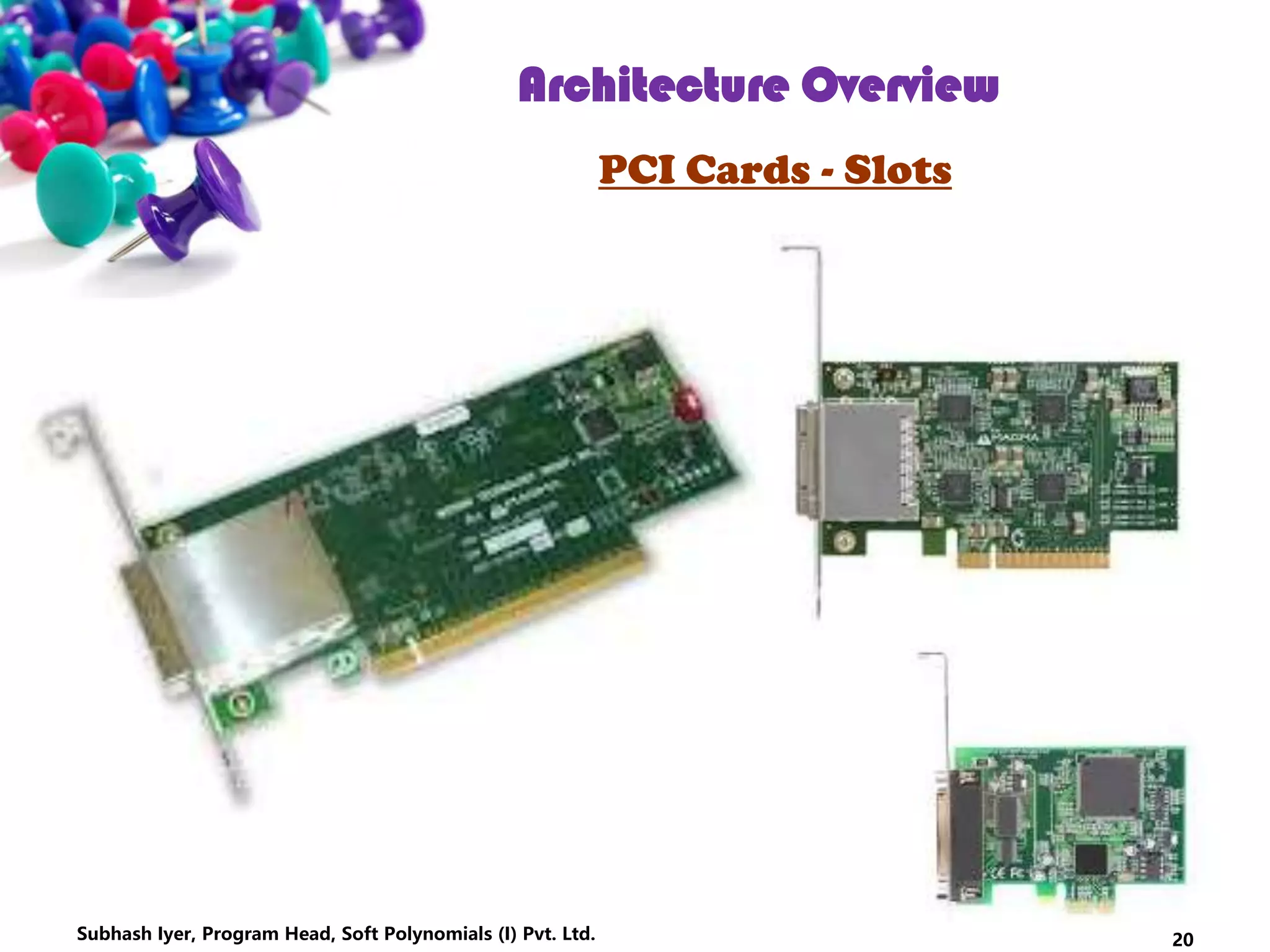 20
Architecture Overview
PCI Cards - Slots
Subhash Iyer, Program Head, Soft Polynomials (I) Pvt. Ltd.
 