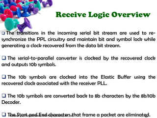 Receive Logic Overview
 The transitions in the incoming serial bit stream are used to re-
synchronize the PPL circuitry and maintain bit and symbol lock while
generating a clock recovered from the data bit stream.
 The serial-to-parallel converter is clocked by the recovered clock
and outputs 10b symbols.
 The 10b symbols are clocked into the Elastic Buffer using the
recovered clock associated with the receiver PLL.
 The 10b symbols are converted back to 8b characters by the 8b/10b
Decoder.
 The Start and End characters that frame a packet are eliminated.60Subhash Iyer, Program Head, Soft Polynomials (I) Pvt. Ltd.
 