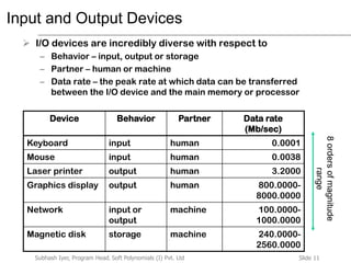 Slide 11Subhash Iyer, Program Head, Soft Polynomials (I) Pvt. Ltd
Input and Output Devices
 I/O devices are incredibly diverse with respect to
– Behavior – input, output or storage
– Partner – human or machine
– Data rate – the peak rate at which data can be transferred
between the I/O device and the main memory or processor
Device Behavior Partner Data rate
(Mb/sec)
Keyboard input human 0.0001
Mouse input human 0.0038
Laser printer output human 3.2000
Graphics display output human 800.0000-
8000.0000
Network input or
output
machine 100.0000-
1000.0000
Magnetic disk storage machine 240.0000-
2560.0000
8ordersofmagnitude
range
 