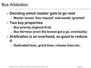 Slide 36Subhash Iyer, Program Head, Soft Polynomials (I) Pvt. Ltd
Bus Arbitration
 Deciding which master gets to go next
– Master issues ‘bus request’ and awaits ‘granted’
 Two key properties
– Bus priority (highest first)
– Bus fairness (even the lowest get a go, eventually)
 Arbitration is an overhead, so good to reduce
it
– Dedicated lines, grant lines, release lines etc.
 