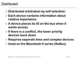 Slide 39Subhash Iyer, Program Head, Soft Polynomials (I) Pvt. Ltd
Distributed
 Distributed arbitration by self selection:
 Each device contains information about
relative importance
 A device places its ID on the bus when it
wants access
 If there is a conflict, the lower priority
devices back down
 Requires separate lines and complex devices
 Used on the Macintosh II series (NuBus)
 