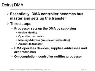 Slide 56Subhash Iyer, Program Head, Soft Polynomials (I) Pvt. Ltd
Doing DMA
 Essentially, DMA controller becomes bus
master and sets up the transfer
 Three steps
– Processor sets up the DMA by supplying
• device identity
• Operation on device
• Memory Address (source or destination)
• Amount to transfer
– DMA operates devices, supplies addresses and
arbitrates bus
– On completion, controller notifies processor
 