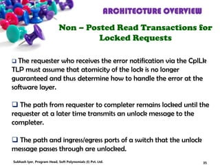 ARCHITECTURE OVERVIEW
Non – Posted Read Transactions for
Locked Requests
 The requester who receives the error notification via the CplLk
TLP must assume that atomicity of the lock is no longer
guaranteed and thus determine how to handle the error at the
software layer.
 The path from requester to completer remains locked until the
requester at a later time transmits an unlock message to the
completer.
 The path and ingress/egress ports of a switch that the unlock
message passes through are unlocked.
35Subhash Iyer, Program Head, Soft Polynomials (I) Pvt. Ltd.
 