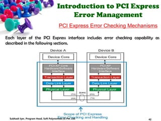Introduction to PCI Express
Error Management
PCI Express Error Checking Mechanisms
Each layer of the PCI Express interface includes error checking capability as
described in the following sections.
42Subhash Iyer, Program Head, Soft Polynomials (I) Pvt. Ltd.
 