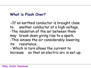 What is Flash Over?
-If an earthed conductor is brought close
to another conductor at a high voltage.
-The insulation of the air between them
may break down giving rise to a spark.
-This ionises the air considerably lowering
its resistance,
- Which in turn allows the current to
increase so that an electric arc is set-up.
Safety Control Department
 