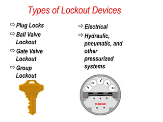 Types of Lockout Devices
Plug Locks
Ball Valve
Lockout
Gate Valve
Lockout
Group
Lockout
Electrical
Hydraulic,
pneumatic, and
other
pressurized
systems
 