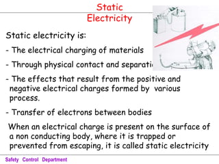 Safety Control Department
Static electricity is:
- The electrical charging of materials
- Through physical contact and separation
- The effects that result from the positive and
negative electrical charges formed by various
process.
- Transfer of electrons between bodies
When an electrical charge is present on the surface of
a non conducting body, where it is trapped or
prevented from escaping, it is called static electricity
Static
Electricity
 