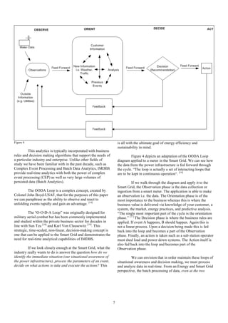 7
Figure 4
This analytics is typically incorporated with business
rules and decision making algorithms that support the needs of
a particular industry and enterprise. Unlike other fields of
study we have been familiar with in the past decade, such as
Complex Event Processing and Batch Data Analytics, IMDBS
provide real-time analytics with both the power of complex
event processing (CEP) as well as very large volumes of
persisted data (Batch Analytics).
The OODA Loop is a complex concept, created by
Colonel John Boyd-USAF, that for the purposes of this paper
we can paraphrase as the ability to observe and react to
unfolding events rapidly and gain an advantage. [14]
The “O-O-D-A Loop” was originally designed for
military aerial combat but has been commonly implemented
and studied within the private business sector for decades in
line with Sun Tzu [18]
and Karl Von Clausewitz [19]
. This
strategic, time-scaled, non-linear, decision-making concept is
one that can be applied to the Smart Grid and demonstrates the
need for real-time analytical capabilities of IMDBS.
If we look closely enough at the Smart Grid, what the
industry really wants to do is answer the question how do we
identify the immediate situation (our situational awareness of
the power infrastructure), process the parameters of an event,
decide on what actions to take and execute the actions? This
is all with the ultimate goal of energy efficiency and
sustainability in mind.
Figure 4 depicts an adaptation of the OODA Loop
diagram applied to a meter in the Smart Grid. We can see how
the data from the power infrastructure is fed forward through
the cycle. “The loop is actually a set of interacting loops that
are to be kept in continuous operation“. [14]
If we walk through the diagram and apply it to the
Smart Grid, the Observation phase is the data collection or
ingestion from a smart meter. The application is able to make
an observation i.e. the data. The Orientation phase is of the
most importance to the business whereas this is where the
business value is delivered via knowledge of your customer, a
system, the market, energy practices, and predictive analysis.
“The single most important part of the cycle is the orientation
phase.” [17]
The Decision phase is where the business rules are
applied. If event A happens, B should happen. Again this is
not a linear process. Upon a decision being made this is fed
back into the loop and becomes a part of the Observation
phase. Finally, an action is taken such as a sub station operator
must shed load and power down systems. The Action itself is
also fed back into the loop and becomes part of the
Observation phase.
We can envision that in order maintain these loops of
situational awareness and decision making, we must process
and analyze data in real-time. From an Energy and Smart Grid
perspective, the batch processing of data, even at the two
 