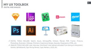 6
MY UX TOOLBOX
DIGITAL AND ANALOG
✓ DIGITAL TOOLS INCLUDE: Sketch, Axure, Omnigraﬄe, InVision, Marvel, POP, Framer, Proto...