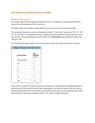 List of Items owned by Business in Rally
Sizing of User Stories
User stories need to be sized appropriately by the owner in an attempt to conceptually estimate the
scope of the work being done for that user story.
The field to input such estimate is called “Plan Est” and is done at the User Story level in Rally.
The conceptual comparisons used on this project are that of “T-shirt Sizes”. Sizes such as “XS”, “S”, “M”,
“L”, “XL” and “XXL” are provided to the team to perform mental estimate on the size of the user stories.
Each size has a corresponding point value for which is the actual value being inputted into Rally in the
“Plan Est” field.
The chart below provides a guide on how user stories are sized. (The points are Fibonacci numbers)
These points are useful in the iterative process of the project in that they help the working team gain a
clearer picture of the scope of the work that are being done. This helps the owner of the user story to
plan and estimate their time commitment on that particular user story and to conceptualize the overall
time and efforts required to complete all of their user stories in the given iteration.
 