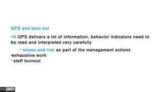 GPS and burn out
14.GPS delivers a lot of information, behavior indicators need to
be read and interpreted very carefully
 stress and risk as part of the management actions
exhaustive work
 staff burnout
 