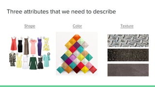 Three attributes that we need to describe
Shape Color Texture
 