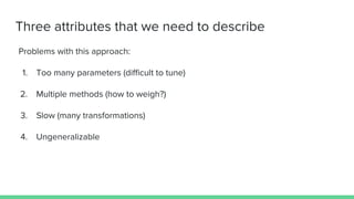 Three attributes that we need to describe
Problems with this approach:
1. Too many parameters (difficult to tune)
2. Multiple methods (how to weigh?)
3. Slow (many transformations)
4. Ungeneralizable
 