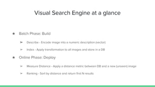 Visual Search Engine at a glance
★ Batch Phase: Build
➢ Describe - Encode image into a numeric description (vector)
➢ Index - Apply transformation to all images and store in a DB
★ Online Phase: Deploy
➢ Measure Distance - Apply a distance metric between DB and a new (unseen) image
➢ Ranking - Sort by distance and return first N results
 