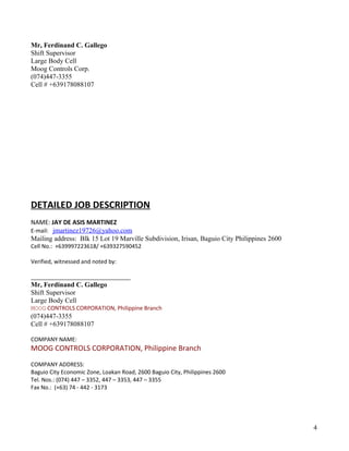 Mr, Ferdinand C. Gallego
Shift Supervisor
Large Body Cell
Moog Controls Corp.
(074)447-3355
Cell # +639178088107
DETAILED JOB DESCRIPTION
NAME: JAY DE ASIS MARTINEZ
E-mail: jmartinez19726@yahoo.com
Mailing address: Blk 15 Lot 19 Marville Subdivision, Irisan, Baguio City Philippines 2600
Cell No.: +639997223618/ +639327590452
Verified, witnessed and noted by:
________________________________
Mr, Ferdinand C. Gallego
Shift Supervisor
Large Body Cell
MOOG CONTROLS CORPORATION, Philippine Branch
(074)447-3355
Cell # +639178088107
COMPANY NAME:
MOOG CONTROLS CORPORATION, Philippine Branch
COMPANY ADDRESS:
Baguio City Economic Zone, Loakan Road, 2600 Baguio City, Philippines 2600
Tel. Nos.: (074) 447 – 3352, 447 – 3353, 447 – 3355
Fax No.: (+63) 74 - 442 - 3173
4
 