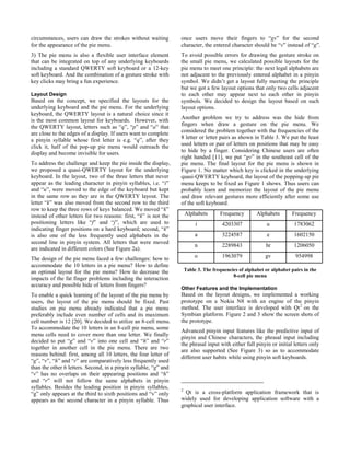 circumstances, users can draw the strokes without waiting
for the appearance of the pie menu.
3) The pie menu is also a flexible user interface element
that can be integrated on top of any underlying keyboards
including a standard QWERTY soft keyboard or a 12-key
soft keyboard. And the combination of a gesture stroke with
key clicks may bring a fun experience.
Layout Design
Based on the concept, we specified the layouts for the
underlying keyboard and the pie menu. For the underlying
keyboard, the QWERTY layout is a natural choice since it
is the most common layout for keyboards. However, with
the QWERTY layout, letters such as “q”, “p” and “a” that
are close to the edges of a display. If users want to complete
a pinyin syllable whose first letter is e.g. “q”, after they
click it, half of the pop-up pie menu would outreach the
display and become invisible for users.
To address the challenge and keep the pie inside the display,
we proposed a quasi-QWERTY layout for the underlying
keyboard. In the layout, two of the three letters that never
appear as the leading character in pinyin syllables, i.e. “i”
and “u”, were moved to the edge of the keyboard but kept
in the same row as they are in the QWERTY layout. The
letter “k” was also moved from the second row to the third
row to keep the three rows of keys balanced. We moved “k”
instead of other letters for two reasons: first, “k” is not the
positioning letters like “f” and “j”, which are used to
indicating finger positions on a hard keyboard; second, “k”
is also one of the less frequently used alphabets in the
second line in pinyin system. All letters that were moved
are indicated in different colors (See Figure 2a).
The design of the pie menu faced a few challenges: how to
accommodate the 10 letters in a pie menu? How to define
an optimal layout for the pie menu? How to decrease the
impacts of the fat finger problems including the interaction
accuracy and possible hide of letters from fingers?
To enable a quick learning of the layout of the pie menu by
users, the layout of the pie menu should be fixed. Past
studies on pie menu already indicated that a pie menu
preferably include even number of cells and its maximum
cell number is 12 [20]. We decided to utilize an 8-cell menu.
To accommodate the 10 letters in an 8-cell pie menu, some
menu cells need to cover more than one letter. We finally
decided to put “g” and “v” into one cell and “h” and “r”
together in another cell in the pie menu. There are two
reasons behind: first, among all 10 letters, the four letter of
“g”, “v”, “h” and “r” are comparatively less frequently used
than the other 6 letters. Second, in a pinyin syllable, “g” and
“v” has no overlaps on their appearing positions and “h”
and “r” will not follow the same alphabets in pinyin
syllables. Besides the leading position in pinyin syllables,
“g” only appears at the third to sixth positions and “v” only
appears as the second character in a pinyin syllable. Thus
once users move their fingers to “gv” for the second
character, the entered character should be “v” instead of “g”.
To avoid possible errors for drawing the gesture stroke on
the small pie menu, we calculated possible layouts for the
pie menu to meet one principle: the next legal alphabets are
not adjacent to the previously entered alphabet in a pinyin
symbol. We didn’t get a layout fully meeting the principle
but we got a few layout options that only two cells adjacent
to each other may appear next to each other in pinyin
symbols. We decided to design the layout based on such
layout options.
Another problem we try to address was the hide from
fingers when draw a gesture on the pie menu. We
considered the problem together with the frequencies of the
8 letter or letter pairs as shown in Table 3. We put the least
used letters or pair of letters on positions that may be easy
to hide by a finger. Considering Chinese users are often
right handed [11], we put “gv” in the southeast cell of the
pie menu. The final layout for the pie menu is shown in
Figure 1. No matter which key is clicked in the underlying
quasi-QWERTY keyboard, the layout of the popping-up pie
menu keeps to be fixed as Figure 1 shows. Thus users can
probably learn and memorize the layout of the pie menu
and draw relevant gestures more efficiently after some use
of the soft keyboard.
Alphabets Frequency Alphabets Frequency
i 4203307 u 1783062
a 3224587 e 1602150
n 2289843 hr 1206050
o 1963079 gv 954998
Table 3. The frequencies of alphabet or alphabet pairs in the
8-cell pie menu
Other Features and the Implementation
Based on the layout designs, we implemented a working
prototype on a Nokia N8 with an engine of the pinyin
method. The user interface is developed with Qt2
on the
Symbian platform. Figure 2 and 3 show the screen shots of
the prototype.
Advanced pinyin input features like the predictive input of
pinyin and Chinese characters, the phrasal input including
the phrasal input with either full pinyin or initial letters only
are also supported (See Figure 3) so as to accommodate
different user habits while using pinyin soft keyboards.
2
Qt is a cross-platform application framework that is
widely used for developing application software with a
graphical user interface.
 