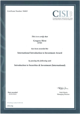 CISI 1 Certificate
