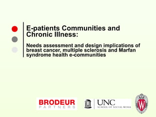 E-patients Communities and  Chronic Illness: Needs assessment and design implications of breast cancer, multiple sclerosis and Marfan syndrome health e-communities 