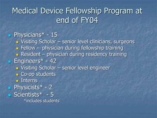  Physicians* - 15
 Visiting Scholar – senior level clinicians, surgeons
 Fellow - physician during fellowship training
 Resident – physician during residency training
 Engineers* - 42
 Visiting Scholar – senior level engineer
 Co-op students
 Interns
 Physicists* - 2
 Scientists* - 5
*includes students
Medical Device Fellowship Program at
end of FY04
 