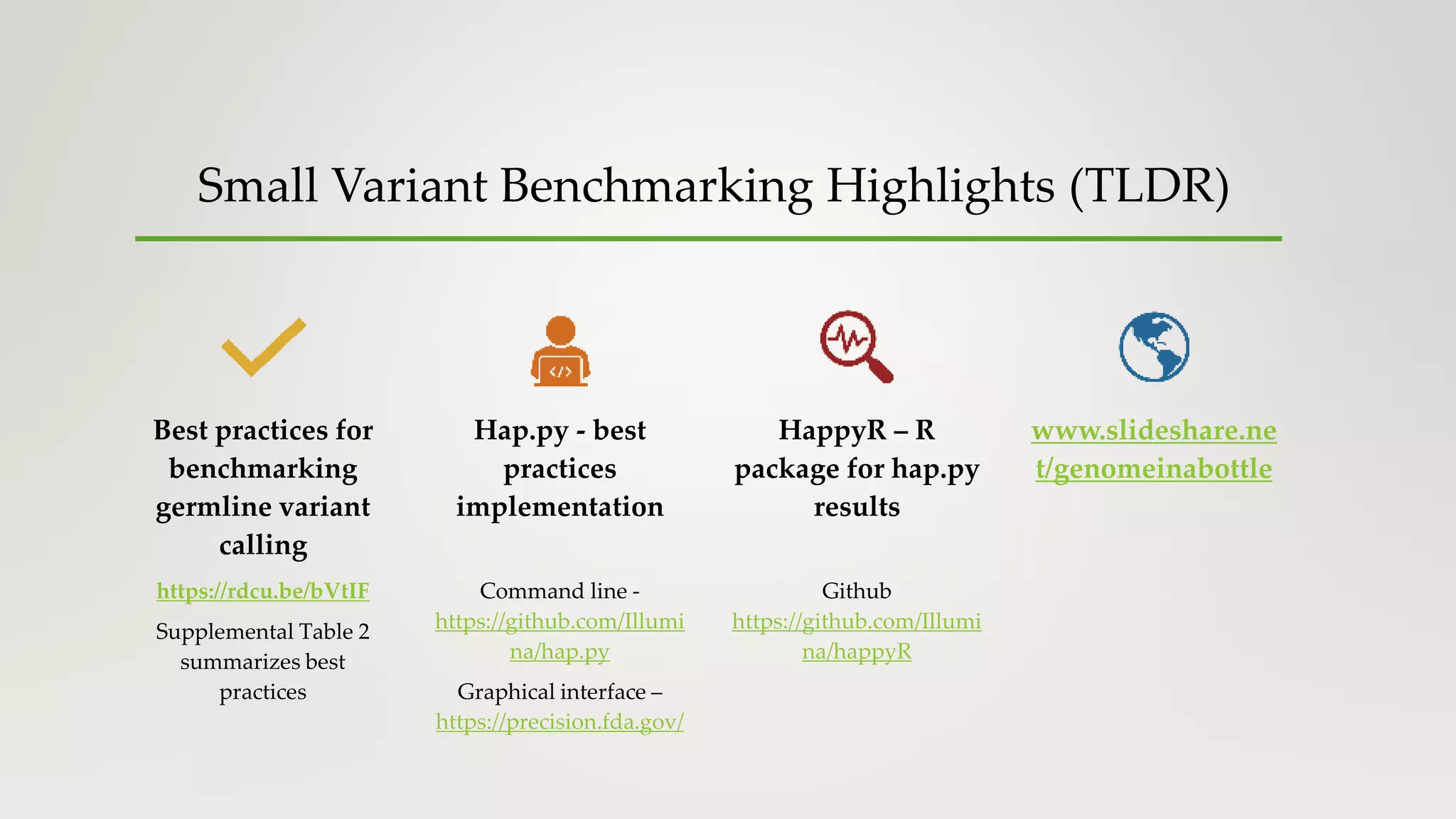 Small Variant Benchmarking Highlights (TLDR)
Best practices for
benchmarking
germline variant
calling
https://rdcu.be/bVtIF
Supplemental Table 2
summarizes best
practices
Hap.py - best
practices
implementation
Command line -
https://github.com/Illumi
na/hap.py
Graphical interface –
https://precision.fda.gov/
HappyR – R
package for hap.py
results
Github
https://github.com/Illumi
na/happyR
www.slideshare.ne
t/genomeinabottle
 
