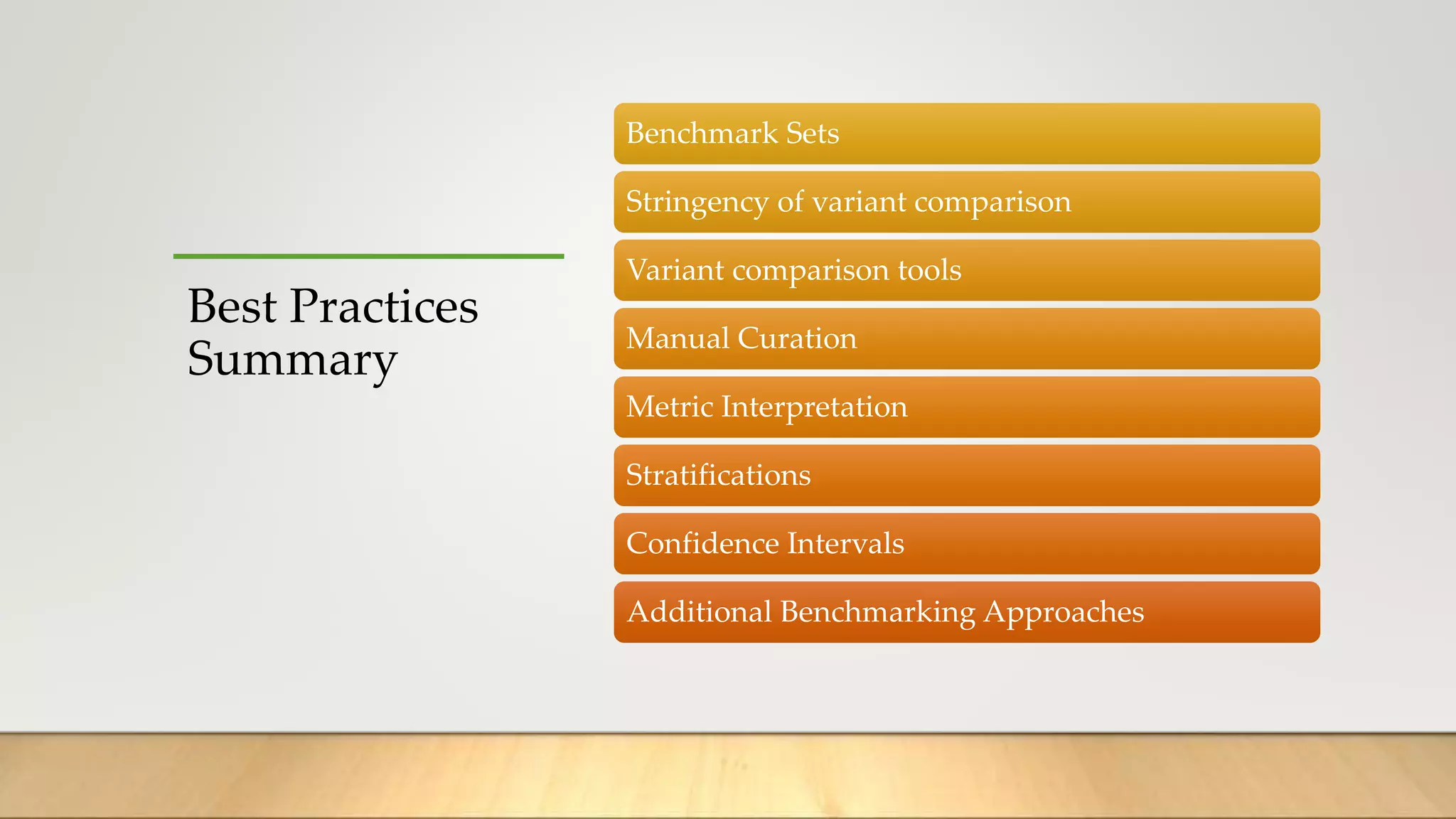 Best Practices
Summary
Benchmark Sets
Stringency of variant comparison
Variant comparison tools
Manual Curation
Metric Interpretation
Stratifications
Confidence Intervals
Additional Benchmarking Approaches
 