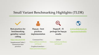 Small Variant Benchmarking Highlights (TLDR)
Best practices for
benchmarking
germline variant
calling
https://rdcu.be/bVtI...