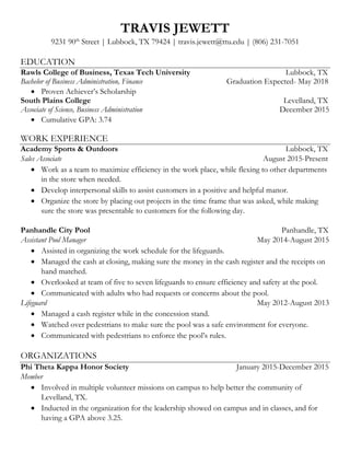 TRAVIS JEWETT TTU RESUME (2016) PDF TRAVIS JEWETT TTU RESUME (2016) PDF