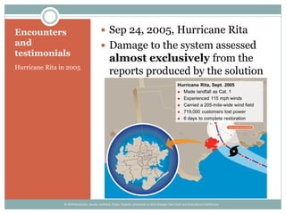 Encounters
and
testimonials
Hurricane Rita in 2005
 Sep 24, 2005, Hurricane Rita
 Damage to the system assessed
almost exclusively from the
reports produced by the solution
© 2014 Kezunovic, Sevcik, Lunsford, Clowe, Popovic; presented at 2014 Georgia Tech Fault and Disturbance Conference
 