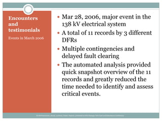 Encounters
and
testimonials
Events in March 2006
 Mar 28, 2006, major event in the
138 kV electrical system
 A total of 11 records by 3 different
DFRs
 Multiple contingencies and
delayed fault clearing
 The automated analysis provided
quick snapshot overview of the 11
records and greatly reduced the
time needed to identify and assess
critical events.
© 2014 Kezunovic, Sevcik, Lunsford, Clowe, Popovic; presented at 2014 Georgia Tech Fault and Disturbance Conference
 