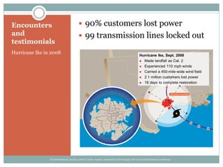 Encounters
and
testimonials
Hurricane Ike in 2008
 90% customers lost power
 99 transmission lines locked out
© 2014 Kezunovic, Sevcik, Lunsford, Clowe, Popovic; presented at 2014 Georgia Tech Fault and Disturbance Conference
 