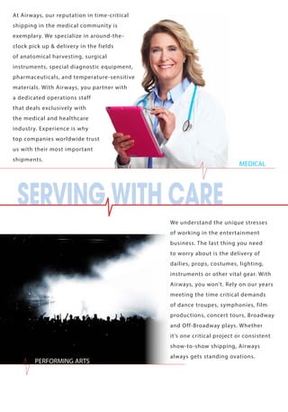 At Airways, our reputation in time-critical 
shipping in the medical community is 
exemplary. We specialize in around-the-clock 
pick up & delivery in the fields 
of anatomical harvesting, surgical 
instruments, special diagnostic equipment, 
pharmaceuticals, and temperature-sensitive 
materials. With Airways, you partner with 
a dedicated operations staff 
that deals exclusively with 
the medical and healthcare 
industry. Experience is why 
top companies worldwide trust 
us with their most important 
shipments. 
We understand the unique stresses 
of working in the entertainment 
business. The last thing you need 
to worry about is the delivery of 
dailies, props, costumes, lighting, 
instruments or other vital gear. With 
Airways, you won’t. Rely on our years 
meeting the time critical demands 
of dance troupes, symphonies, film 
productions, concert tours, Broadway 
and Off-Broadway plays. Whether 
it’s one critical project or consistent 
show-to-show shipping, Airways 
always gets standing ovations. 
SERVING WITH CARE 
PERFORMING ARTS 
MEDICAL 
 