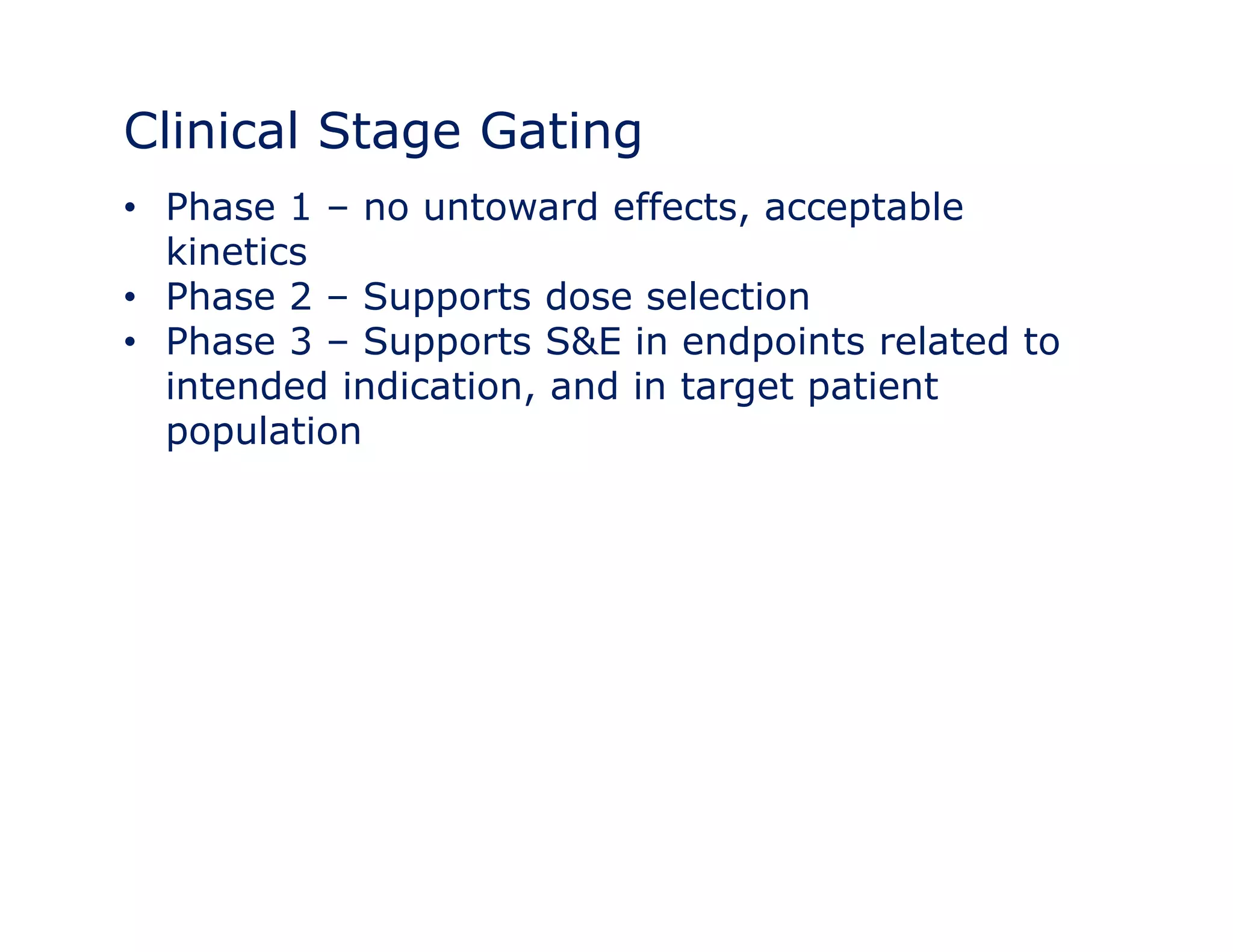 Clinical Stage Gating 
• Phase 1 – no untoward effects, acceptable 
kinetics 
•• Phase 2 – Supports dose selection 
• Phase 3 – Supports S&E in endpoints related to 
intended indication, and in target patient 
population 
 