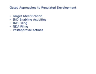 Gated Approaches to Regulated Development 
• Target Identification 
• IND Enabling Activities 
•• IND Filing 
• NDA Filing 
• Postapproval Actions 
 