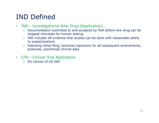 IND Defined 
• IND - Investigational New Drug (Application) 
– Documentation submitted to and accepted by FDA before new drug can be 
shipped interstate for human testing. 
–– IND includes all evidence that studies can be done with reasonable safety 
to subject/patient. 
– Following initial filing, becomes repository for all subsequent amendments, 
protocols, preclinical/ clinical data 
• CTA - Clinical Trial Application 
– EU version of US IND 
23 
 