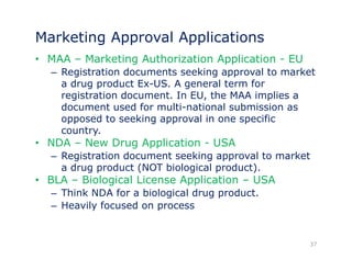 Marketing Approval Applications 
• MAA – Marketing Authorization Application - EU 
– Registration documents seeking approval to market 
a drug product Ex-US. A general term for 
registration document. In EU, the MAA implies a 
document used for multi-national submission as 
opposed to seeking approval in one specific 
country. 
• NDA – New Drug Application - USA 
– Registration document seeking approval to market 
a drug product (NOT biological product). 
• BLA – Biological License Application – USA 
– Think NDA for a biological drug product. 
– Heavily focused on process 
37 
 
