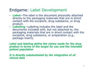 Endgame: Label Development 
• Label—The label is the document physically attached 
directly to the packaging materials that are in direct 
contact with the excipient, drug substance, or drug 
product. 
• Labeling—Labeling includes the label and the 
documents included with, but not attached to, the 
packaging materials that are in direct contact with the 
excipient, drug substance, or preparation (e.g., 
package insert). 
Label and labeling define the claims made for the drug 
product in terms of the target for use and the intended 
patient population 
It is directly substantiated by the integration of all 
clinical data 
39 
 