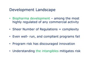 Development Landscape 
• Biopharma development – among the most 
highly regulated of any commercial activity 
• Sheer Number of Regulations = complexity 
• Even well- run, and compliant programs fail 
• Program risk has discouraged innovation 
• Understanding the intangibles mitigates risk 
 