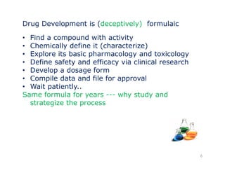 Drug Development is (deceptively) formulaic 
• Find a compound with activity 
• Chemically define it (characterize) 
•• Explore its basic pharmacology and toxicology 
• Define safety and efficacy via clinical research 
• Develop a dosage form 
• Compile data and file for approval 
• Wait patiently.. 
Same formula for years --- why study and 
strategize the process 
6 
 