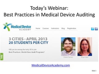 Today’s Webinar:
Best Practices in Medical Device Auditing




            MedicalDeviceAcademy.com
                                       Slide 1
 