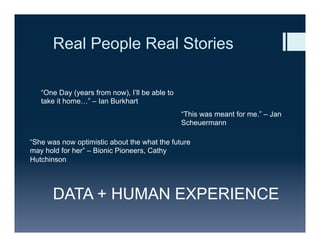 Real People Real Stories
“She was now optimistic about the what the future
may hold for her” – Bionic Pioneers, Cathy
Hutchinson
“One Day (years from now), I’ll be able to
take it home…” – Ian Burkhart
“This was meant for me.” – Jan
Scheuermann
DATA + HUMAN EXPERIENCE
 