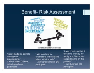 Benefit- Risk Assessment
“ (We) made it a point to
manage our
expectations.”
– Kim & Sean O’Shea,
retinal prosthesis
participant
“ We took time to
understand the risks and
talked with the kids.”
– Jan Scheuermann, BCI
participant
“I was convinced but it
took time to sway my
family and friends into
supporting me on this
journey.”
– Ian Burkhart, BCI
participant
 