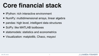 Core ﬁnancial stack
  • IPython: rich interactive environment
  • NumPy: multidimensional arrays, linear algebra
  • pandas: high level, intelligent data structures
  • SciPy: like MATLAB toolboxes
  • statsmodels: statistics and econometrics
  • Visualization: matplotlib, Chaco, mayavi


Jun 18, 2012                          7
 