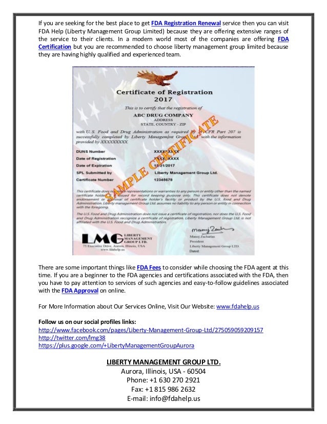 FDA Drug Registration Renewal and FDA Certificates Number Service F…