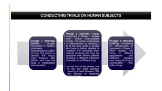 CONDUCTING TRIALS ON HUMAN SUBJECTS
PHASE 1 TESTING
(20-80): Usually
conducted in healthy
volunteers,
emphasizing on safety
of drug. The goal is to
identify the drug’s
most frequent side
effects and how the
drug is metabolized
and excreted.
PHASE 2 TESTING (100’s):
Performed if Phase 1 studies
don't reveal unacceptable
toxicity. The phase emphasizes
on effectiveness by studying if
at all the drug works in people
who have a certain disease or
condition. For controlled trials,
patients receiving the drug are
compared with similar patients
receiving a different treatment
(placebo), or a different drug.
• At the end of this phase, one
of the two most common
meeting is held between FDA
and sponsor on designing
phase 3 trials.
PHASE 3 TESTING
(1000’s): If evidence
of effectiveness is
gathered in Phase 2,
then studies are
done in different
populations and
different dosages
and using the drug in
combination with
other drugs.
 