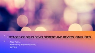 STAGES OF DRUG DEVELOPMENT AND REVIEW: SIMPLIFIED
- Nigar Fatima
M.Pharmacy (Regulatory Affairs)
MCOPS
 