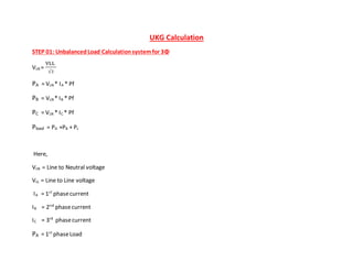 UKG Calculation
STEP 01: UnbalancedLoad Calculationsystemfor 3Φ
VLN =
VLL
√3
PA = VLN * IA * Pf
PB = VLN * IB * Pf
PC = VLN * IC * Pf
Pload = PA +PB + Pc
Here,
VLN = Line to Neutral voltage
VLL = Line to Line voltage
IA = 1st
phasecurrent
IB = 2nd
phasecurrent
IC = 3rd
phasecurrent
PA = 1st
phaseLoad
 