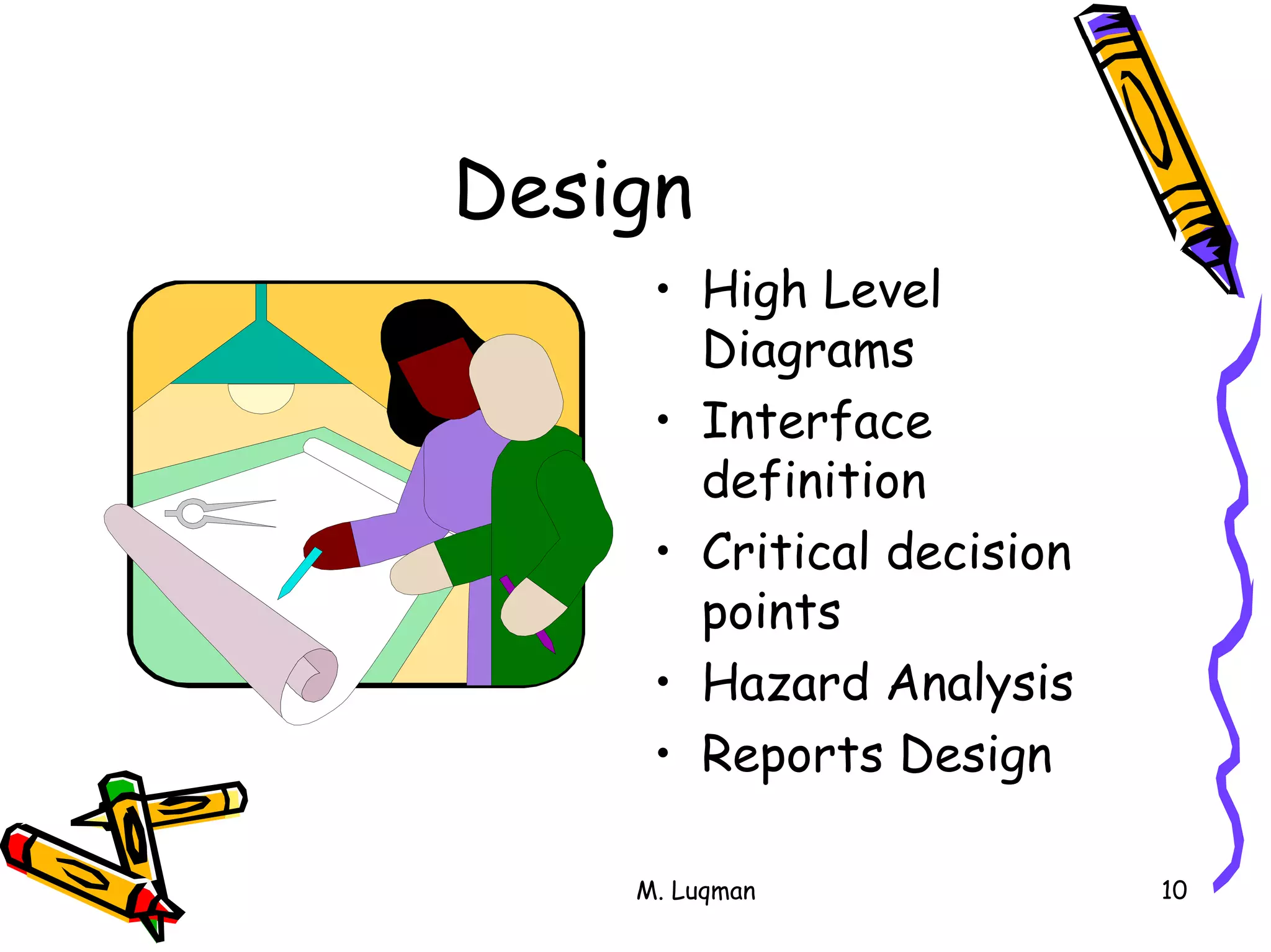 M. Luqman 10
Design
• High Level
Diagrams
• Interface
definition
• Critical decision
points
• Hazard Analysis
• Reports Design
 