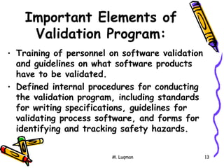 M. Luqman 13
Important Elements of
Validation Program:
• Training of personnel on software validation
and guidelines on what software products
have to be validated.
• Defined internal procedures for conducting
the validation program, including standards
for writing specifications, guidelines for
validating process software, and forms for
identifying and tracking safety hazards.
 