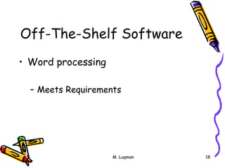M. Luqman 18
Off-The-Shelf Software
• Word processing
– Meets Requirements
 